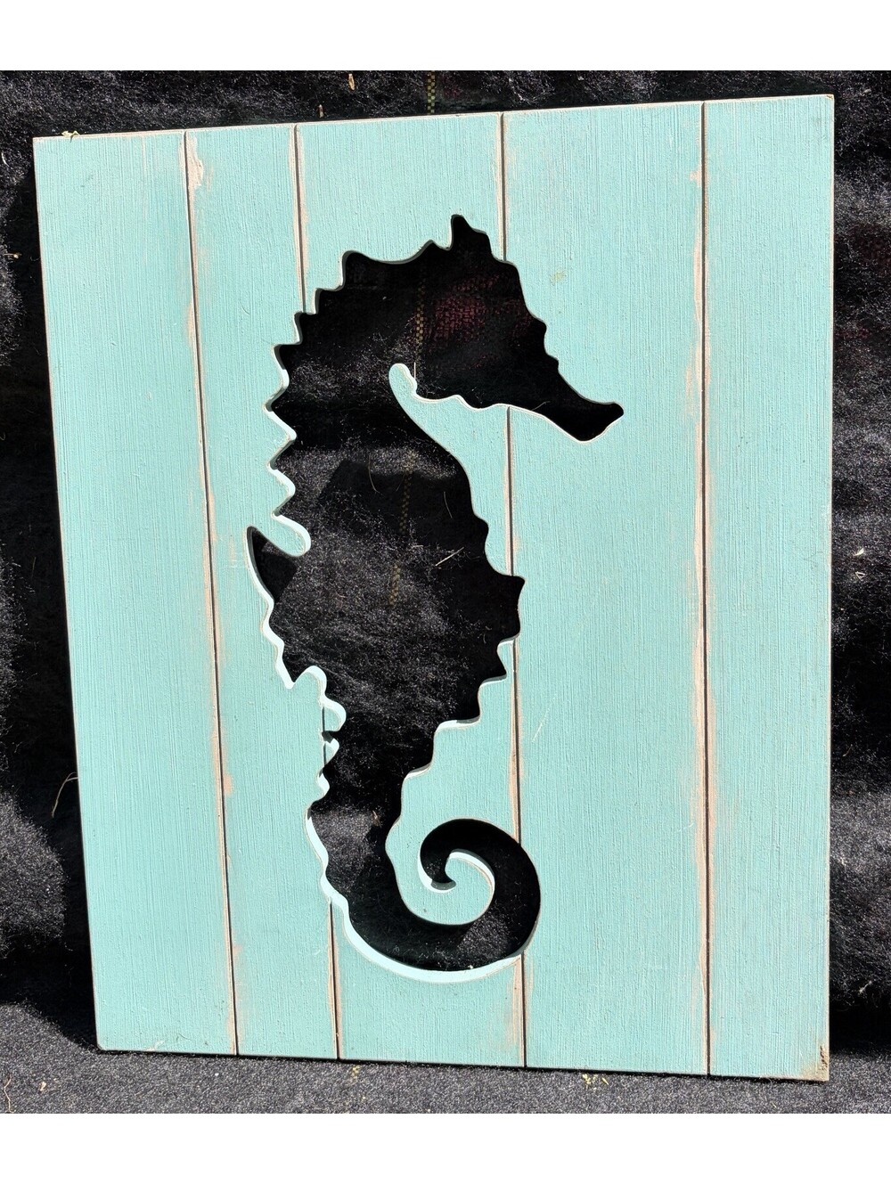 Beachy Wooden Seahorse Wall Decor w/ Cutout Opening Distressed Finish 20”x16”